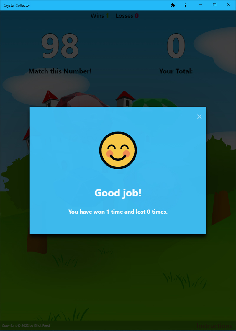 Crystal collector win modal with emoji